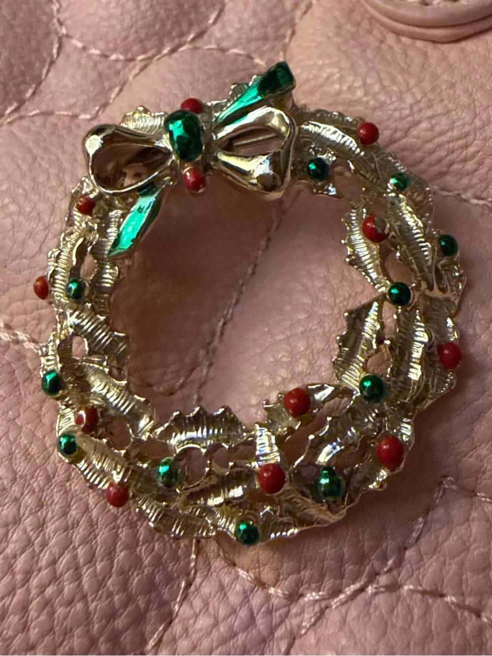Gold-Tone Holiday Wreath Brooch with Red & Green Accents